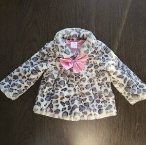 Leopard Print Faux Fur Coat with Pink Bow